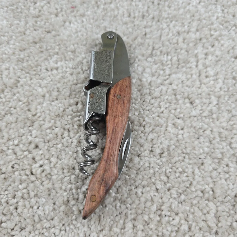 Waiter's Corkscrew Wine Opener Brown Wood Engraved Floral‎ Design